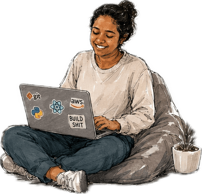 Nishara Ramasinghe coding on a bean bag